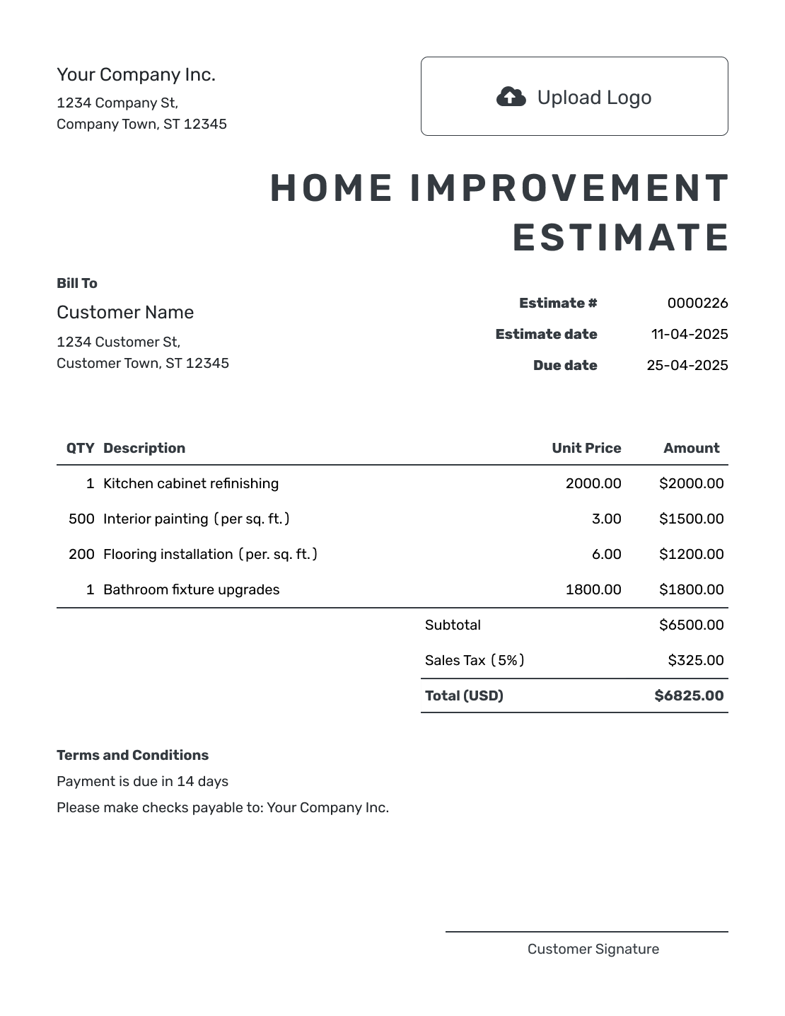 Printable Home Improvement Estimate Template