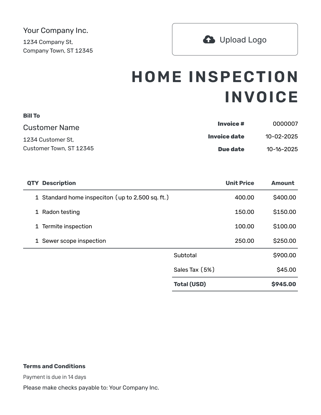 Printable Home Inspection Invoice Template