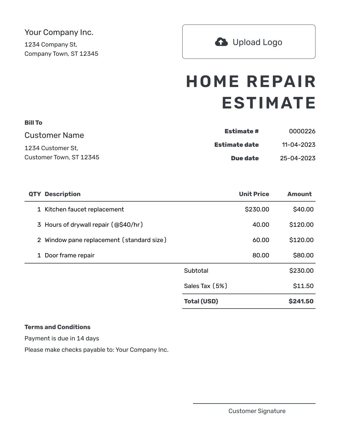 Printable Home Repair Estimate Template