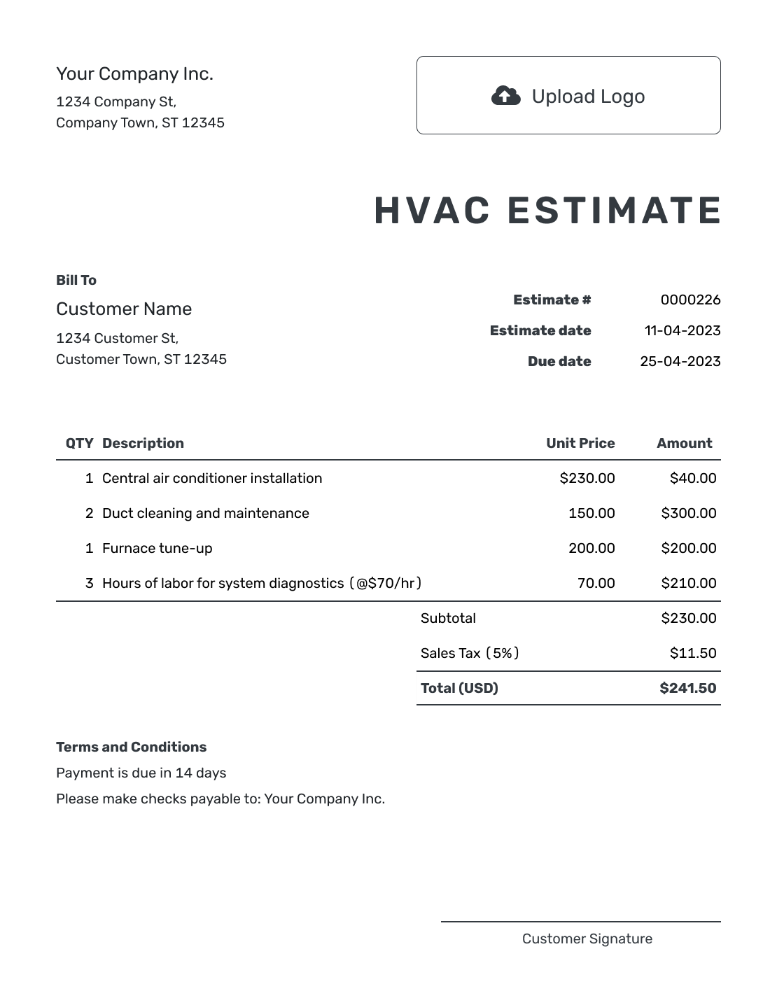 Printable HVAC Estimate Template