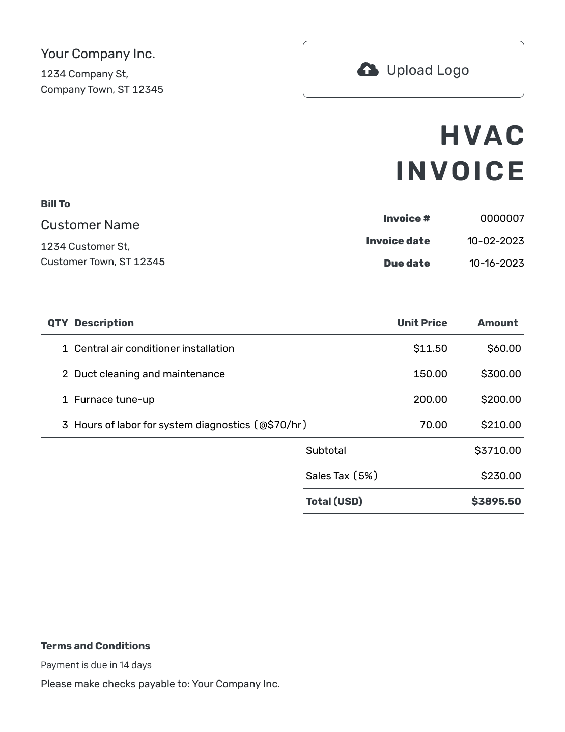 Printable HVAC Invoice Template