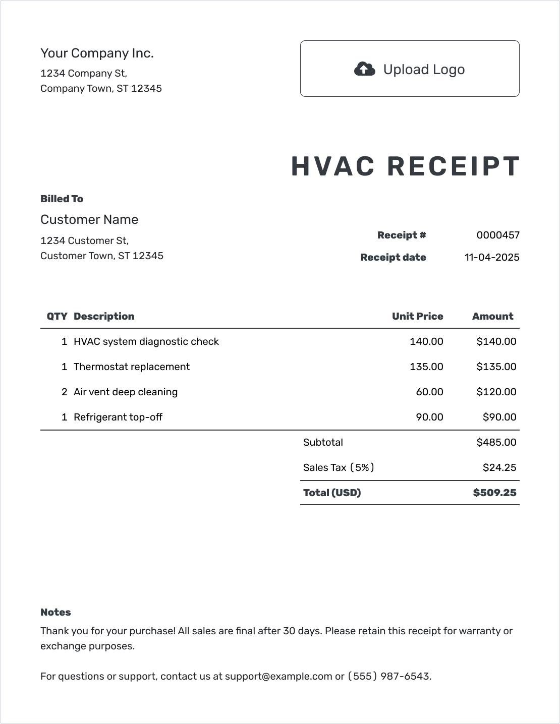 Printable HVAC Receipt Template