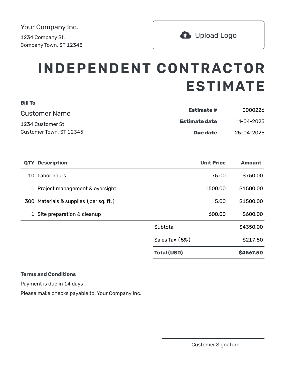 Printable Independent Contractor Estimate Template