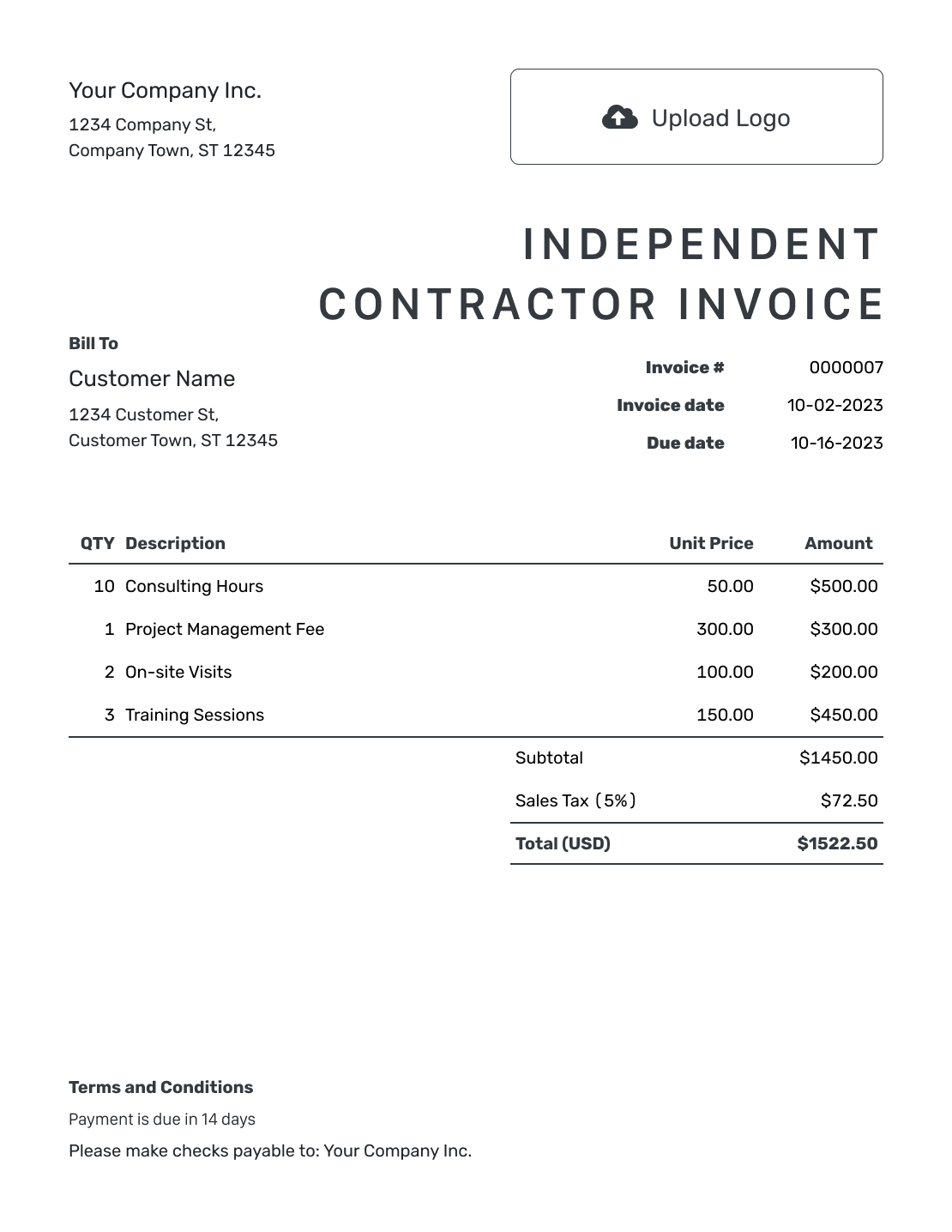 Printable Independent Contractor Invoice Template