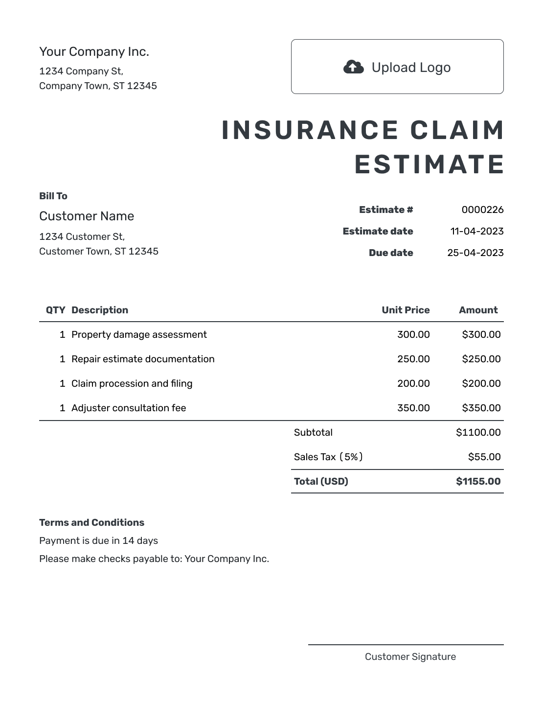 Printable Insurance Claim Estimate Template