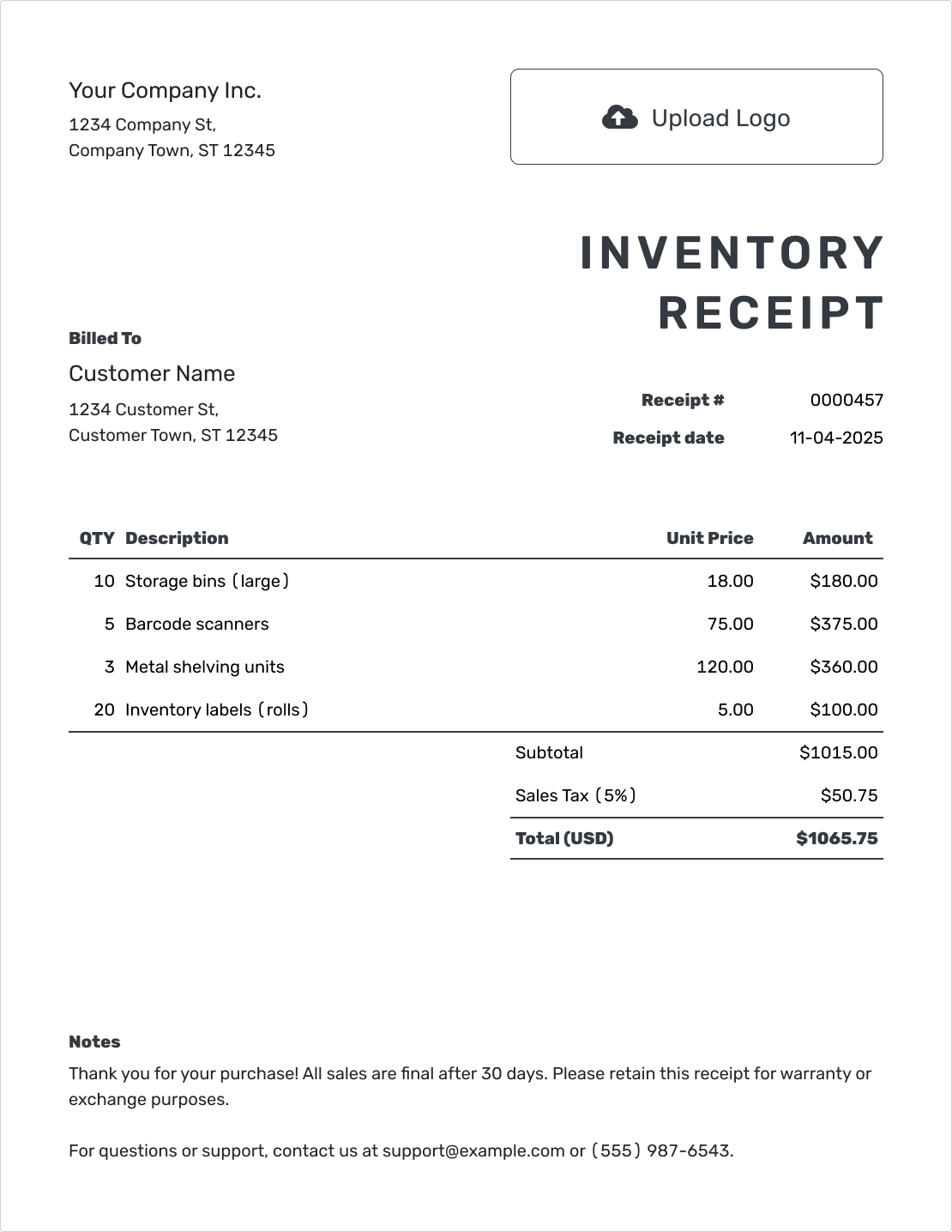 Printable Inventory Receipt Template