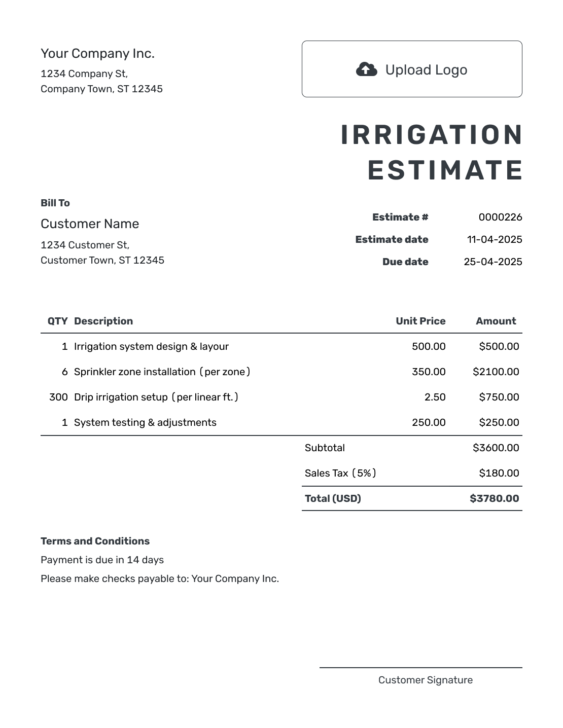 Printable Irrigation Estimate Template