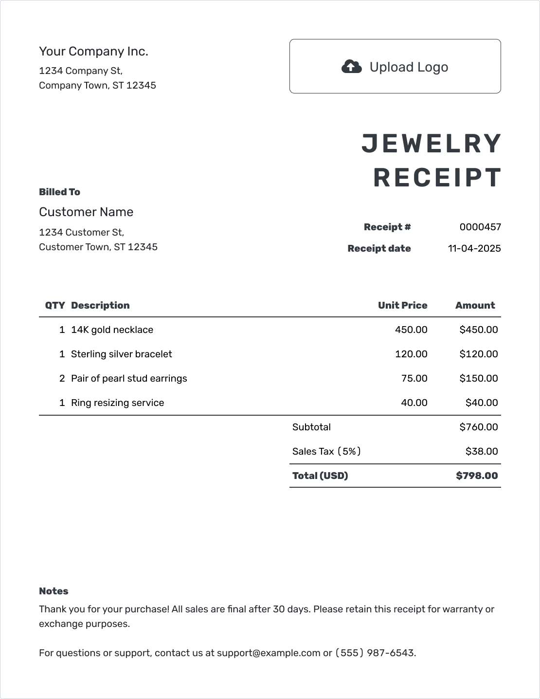 Printable Jewellery Receipt Template