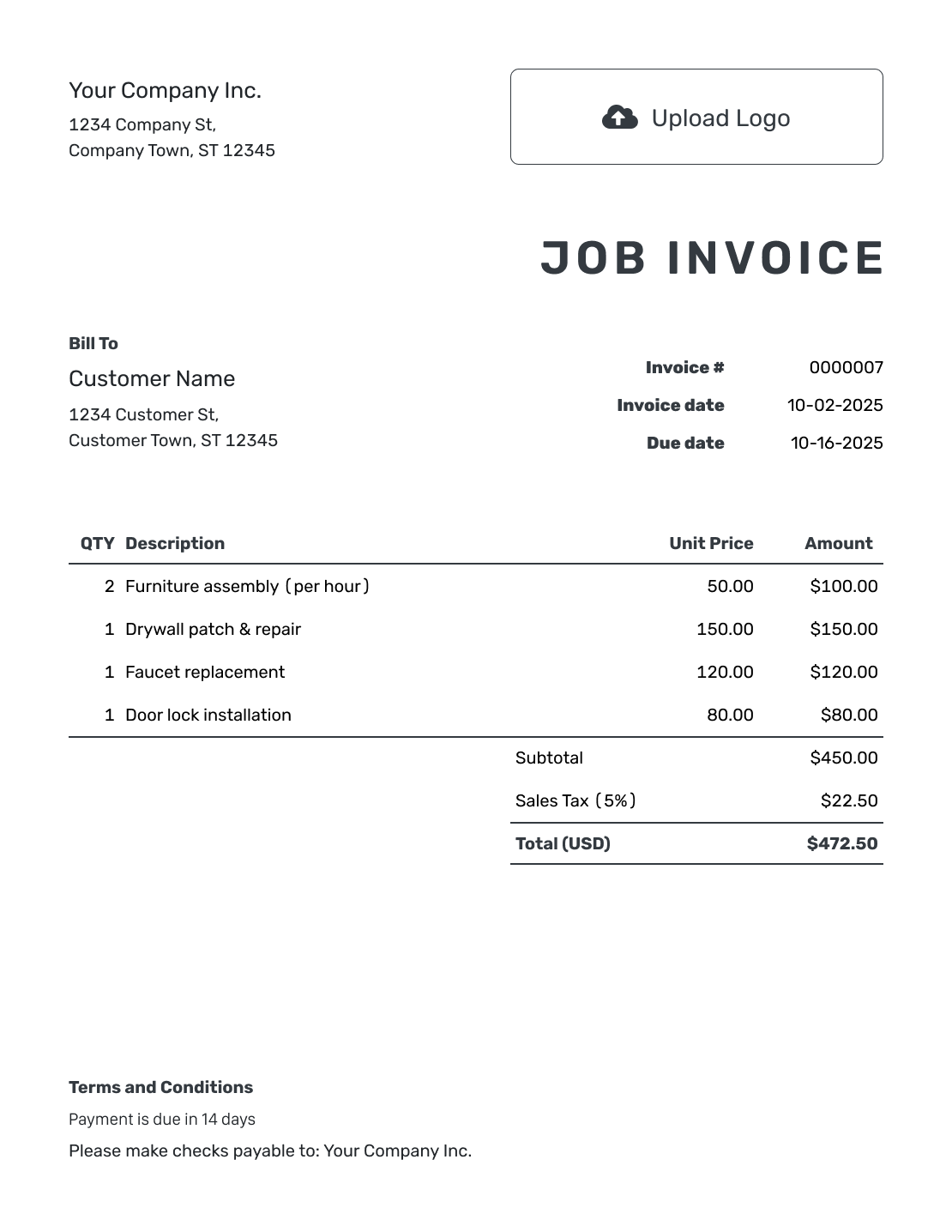 Printable Job Invoice Template