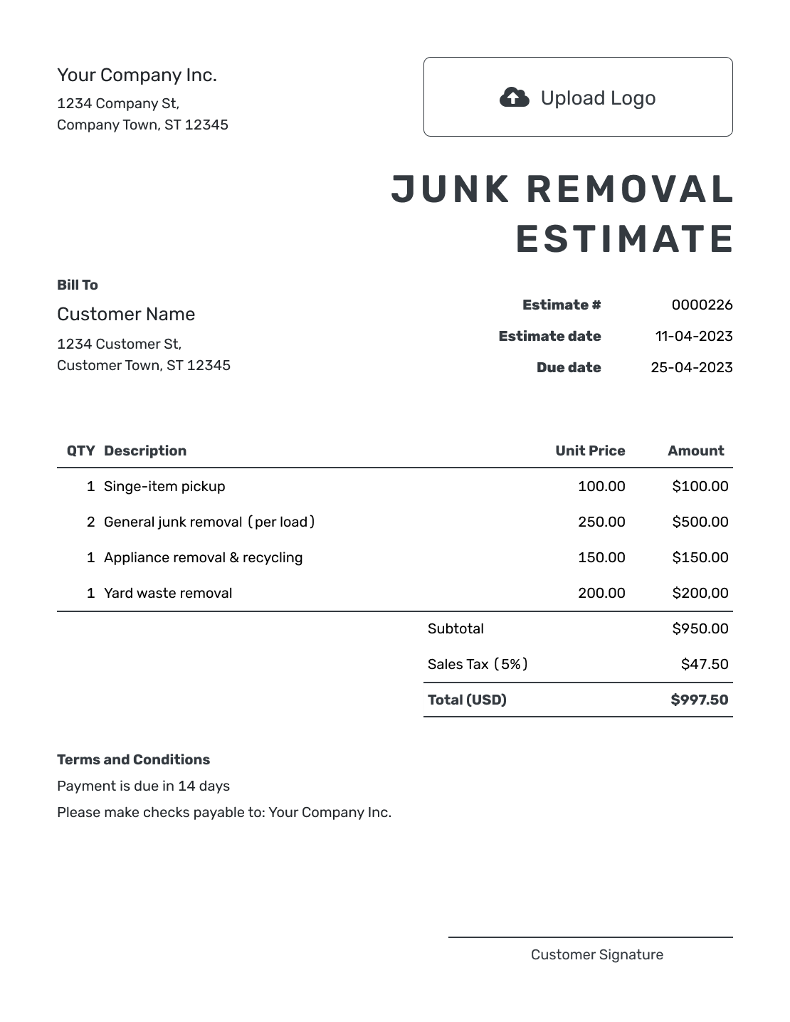 Printable Junk Removal Estimate Template