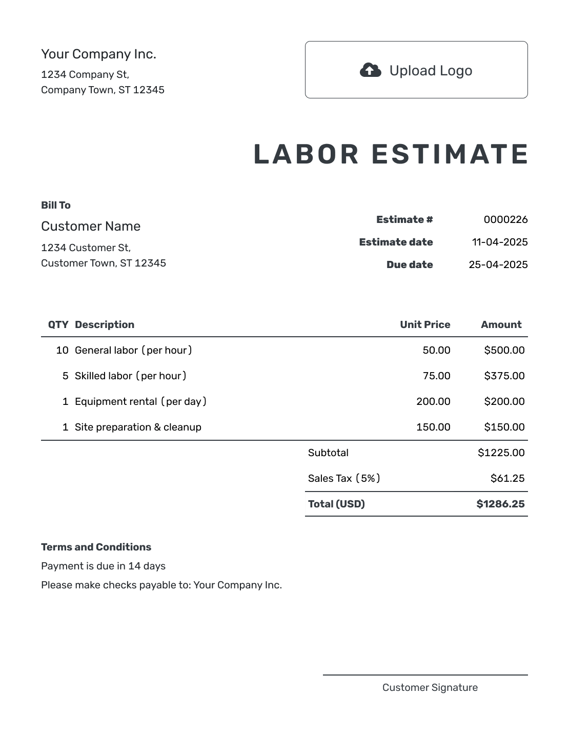 Printable Labor Estimate Template