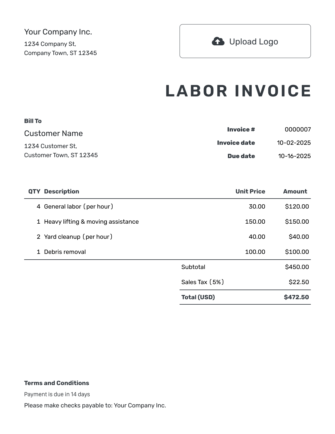 Printable Labor Invoice Template