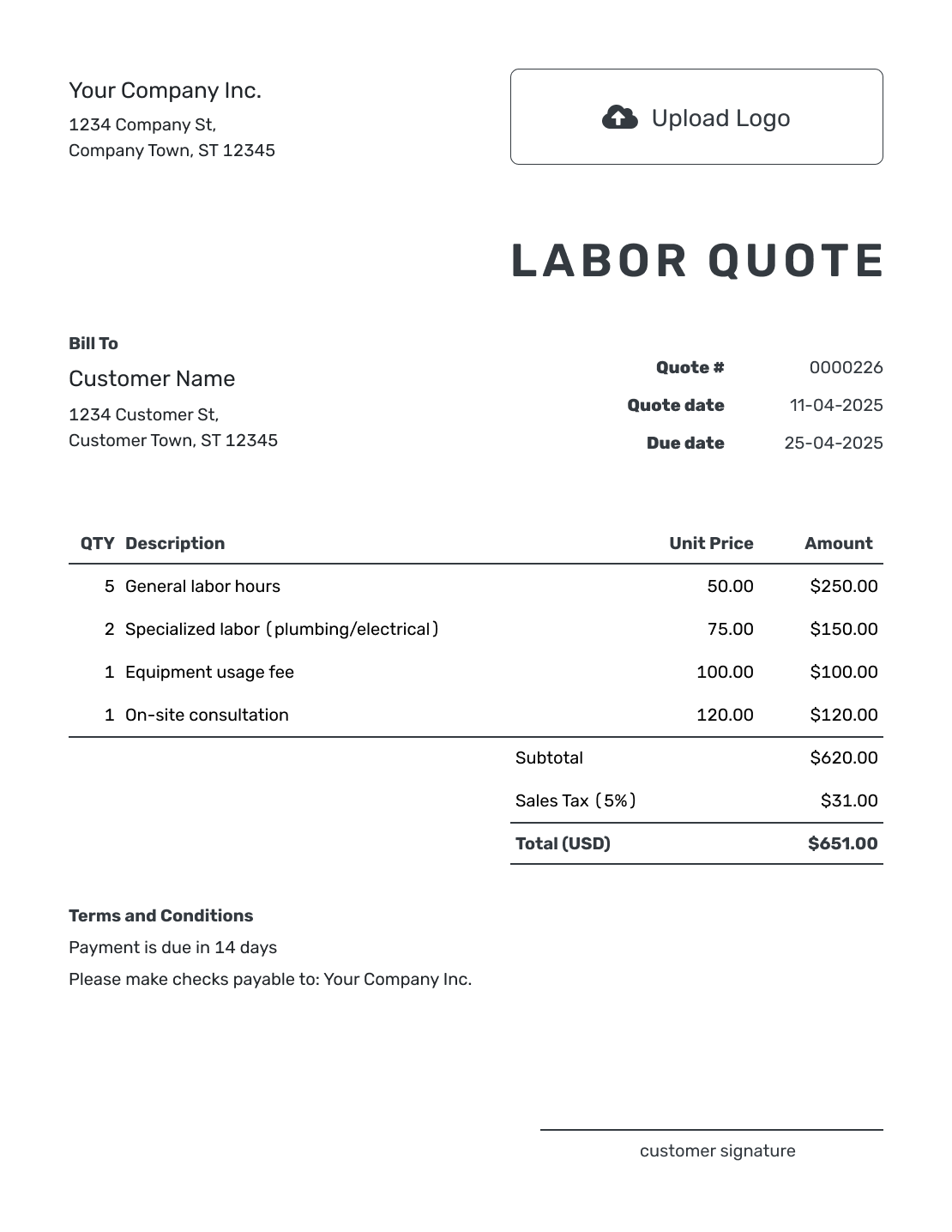 Printable Labor Quote Template