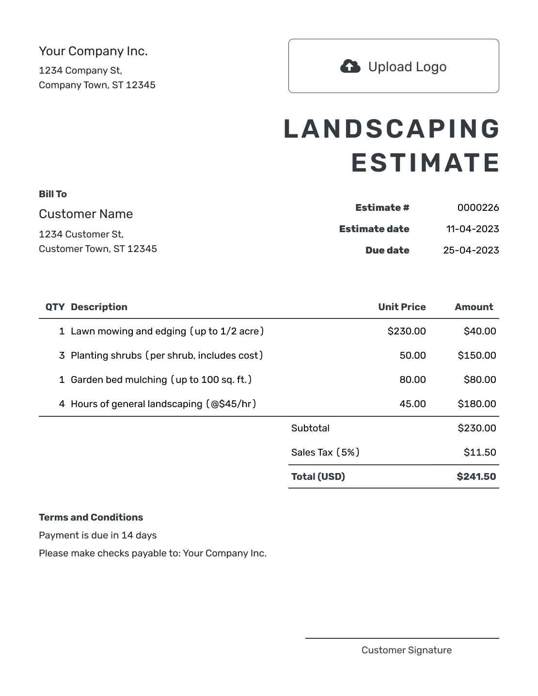 Printable Landscaping Estimate Template