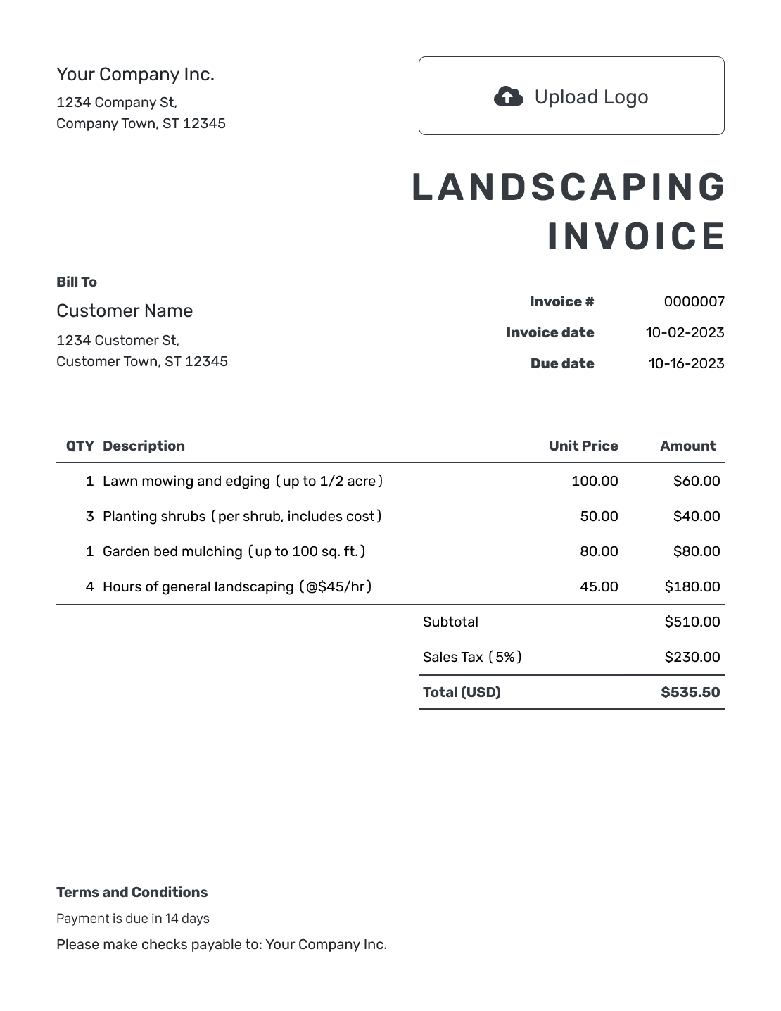 Printable Landscaping Invoice Template
