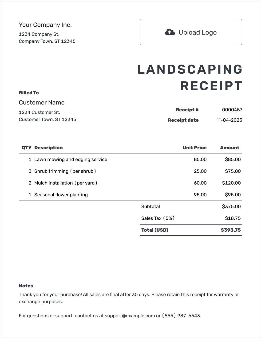 Printable Landscaping Receipt Template