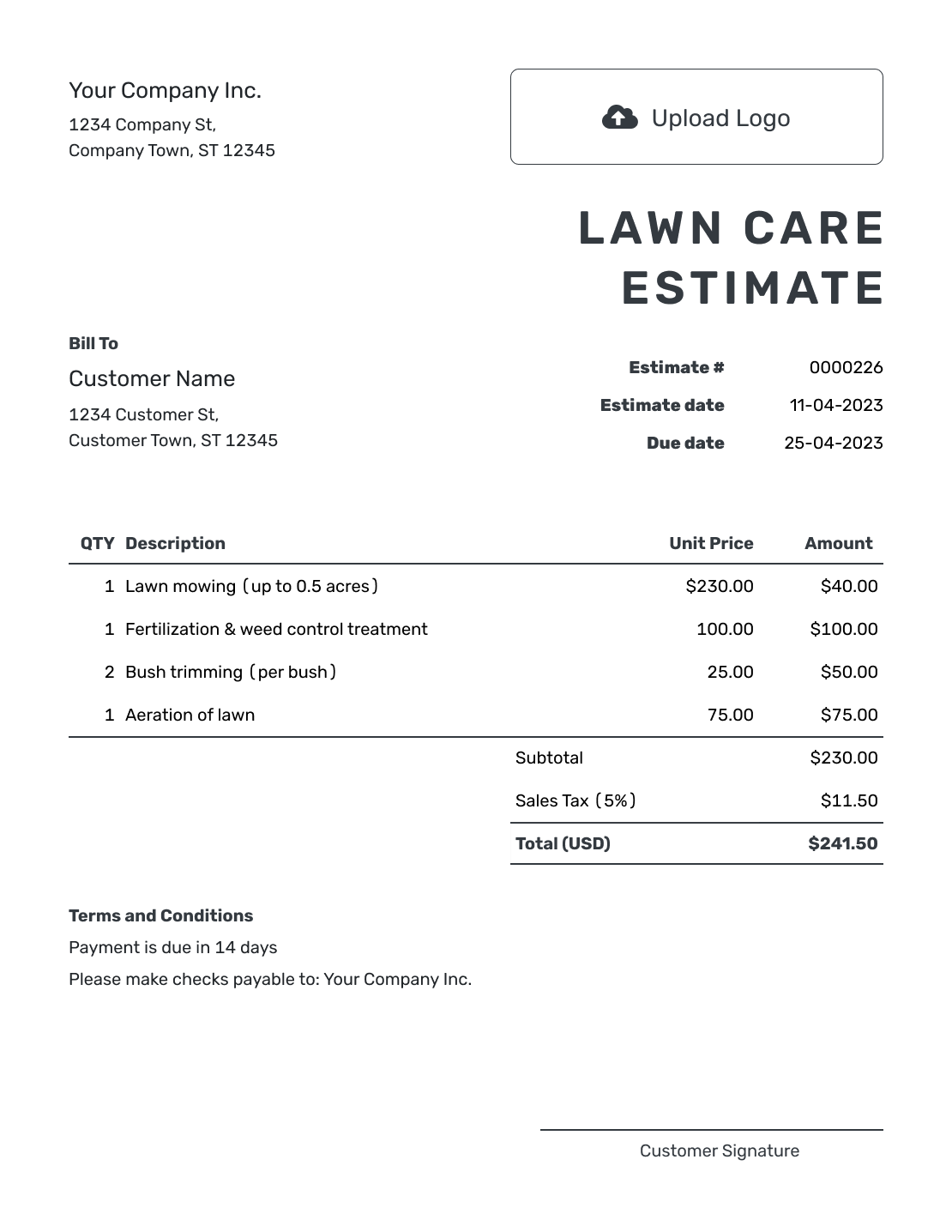 Printable Lawn Care Estimate Template