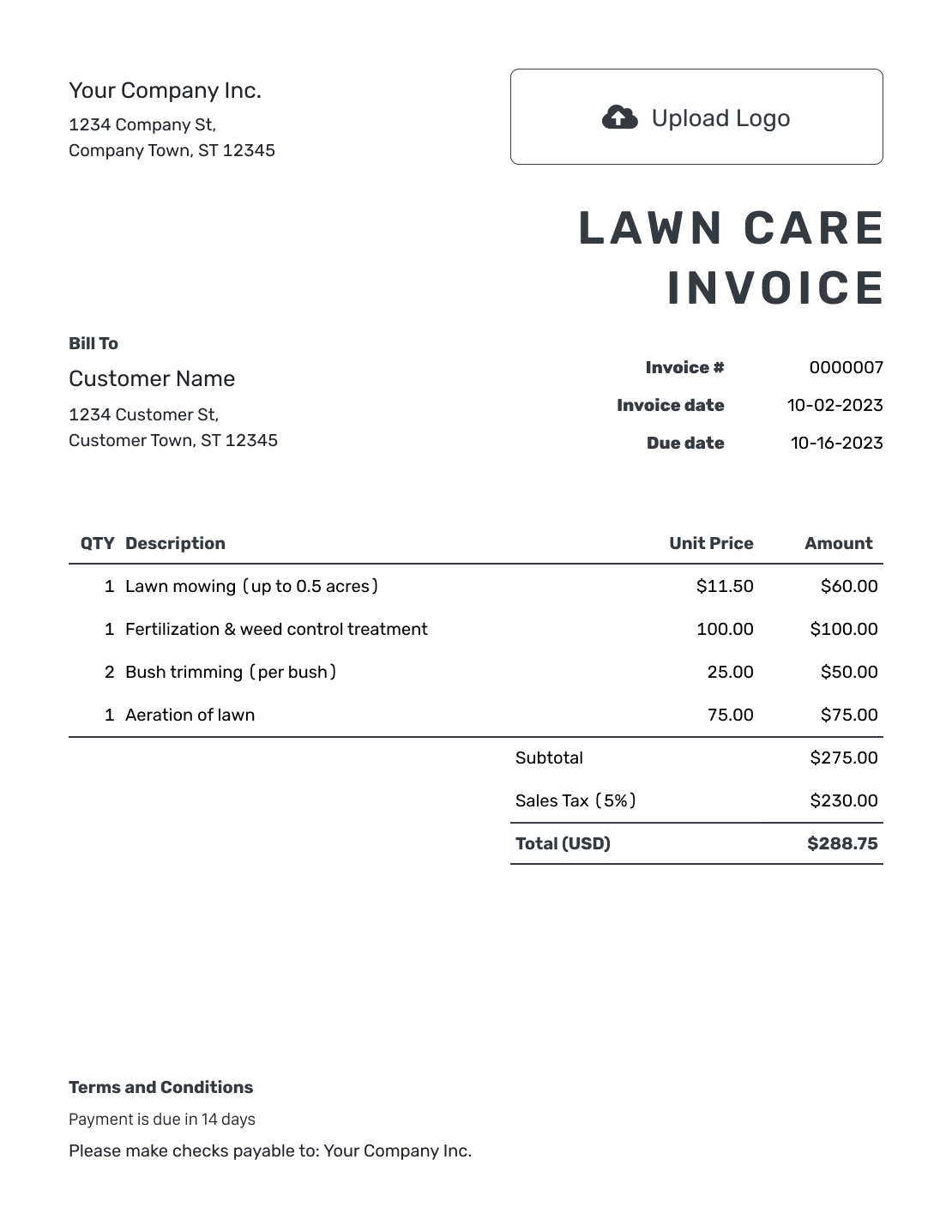 Printable Lawn Care Invoice Template