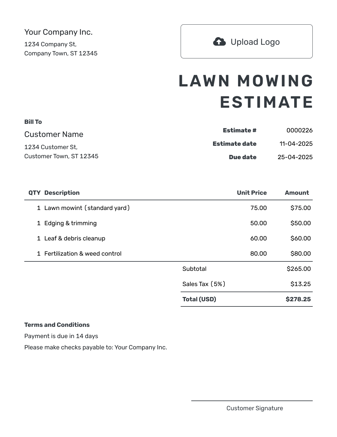 Printable Lawn Mowing Estimate Template