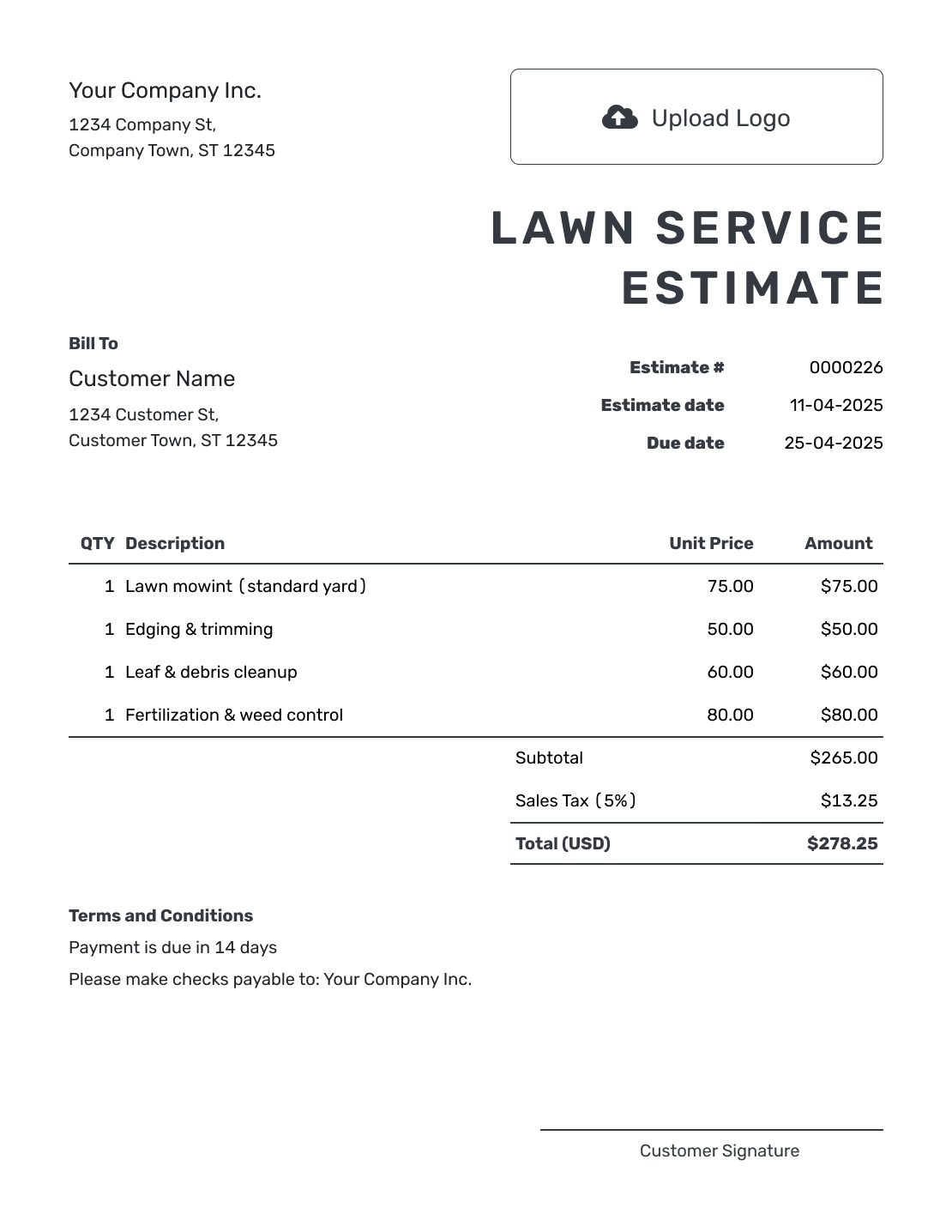 Printable Lawn Service Estimate Template