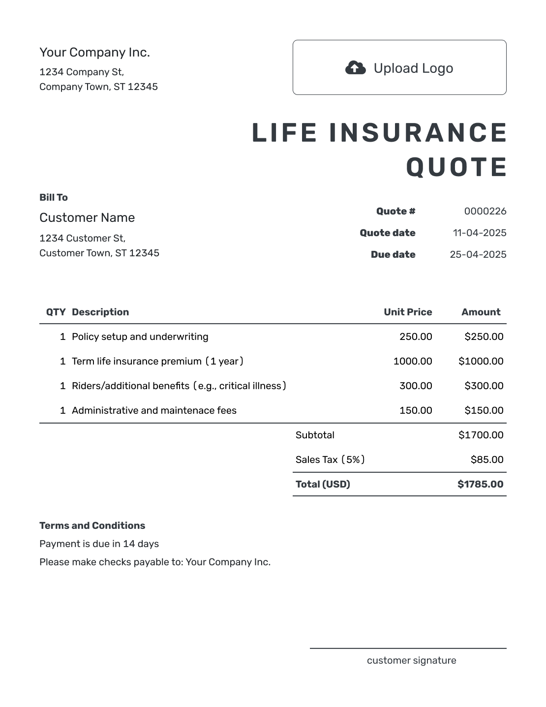 Printable Life Insurance Quote Template