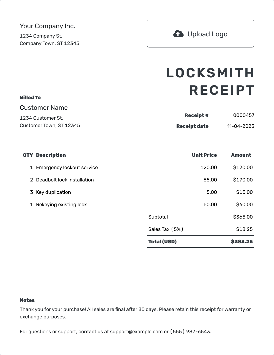 Printable Locksmith Receipt Template