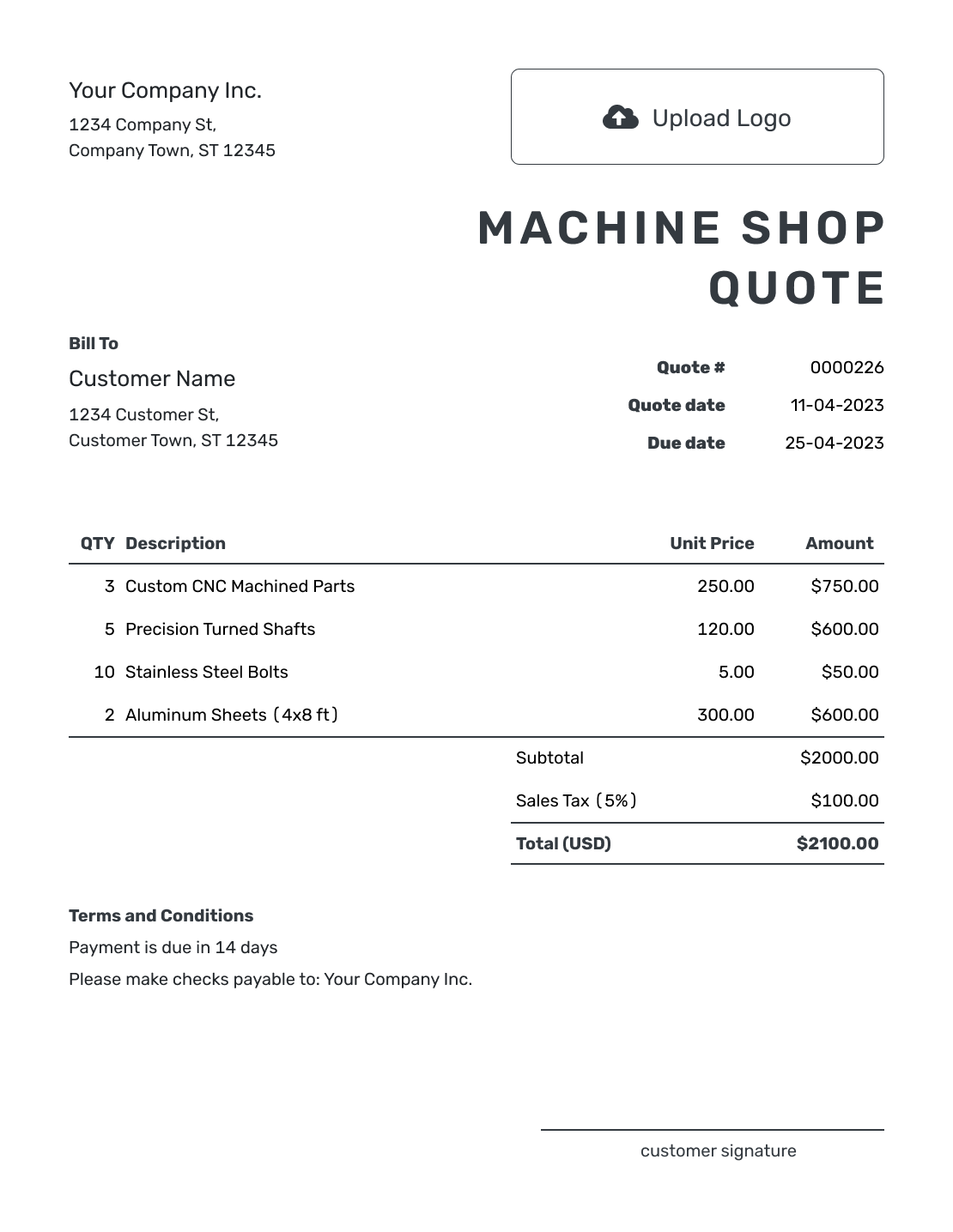 Printable Machine Shop Quote Template