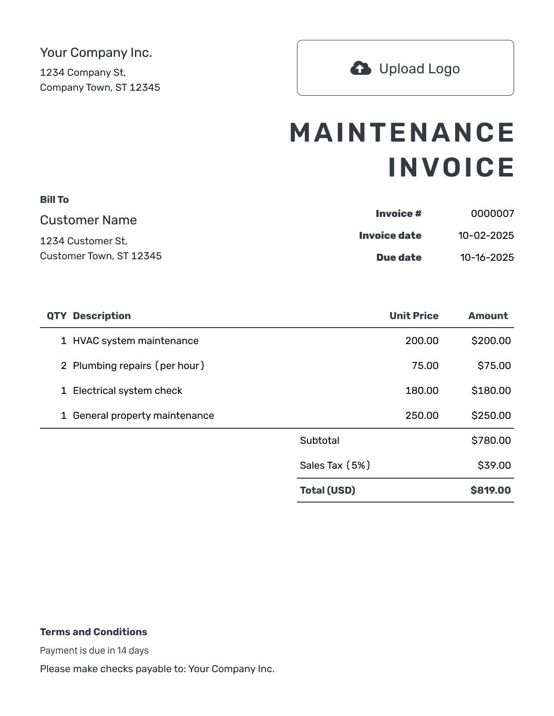 Printable Maintenance Invoice Template