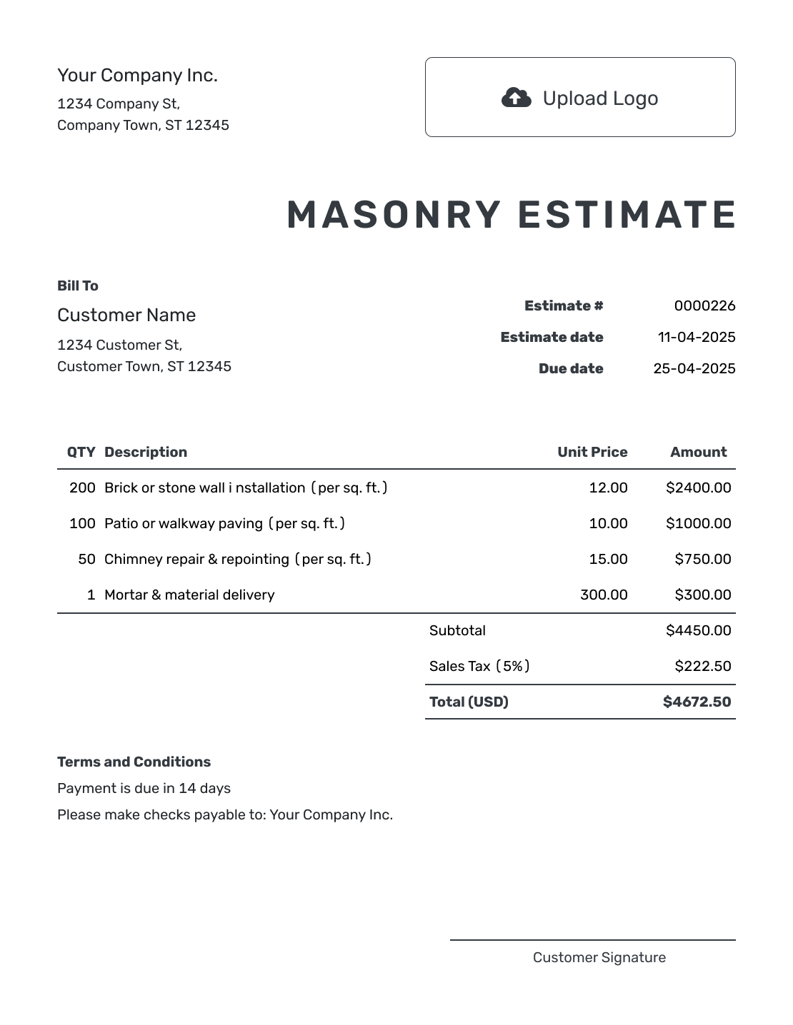 Printable Masonry Estimate Template