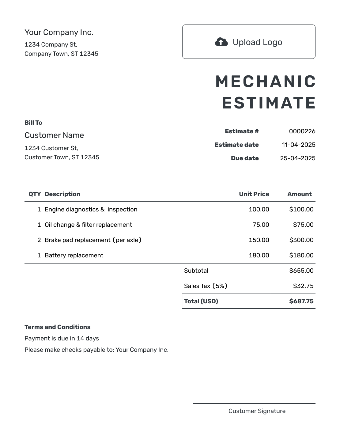 Printable Mechanic Estimate Template