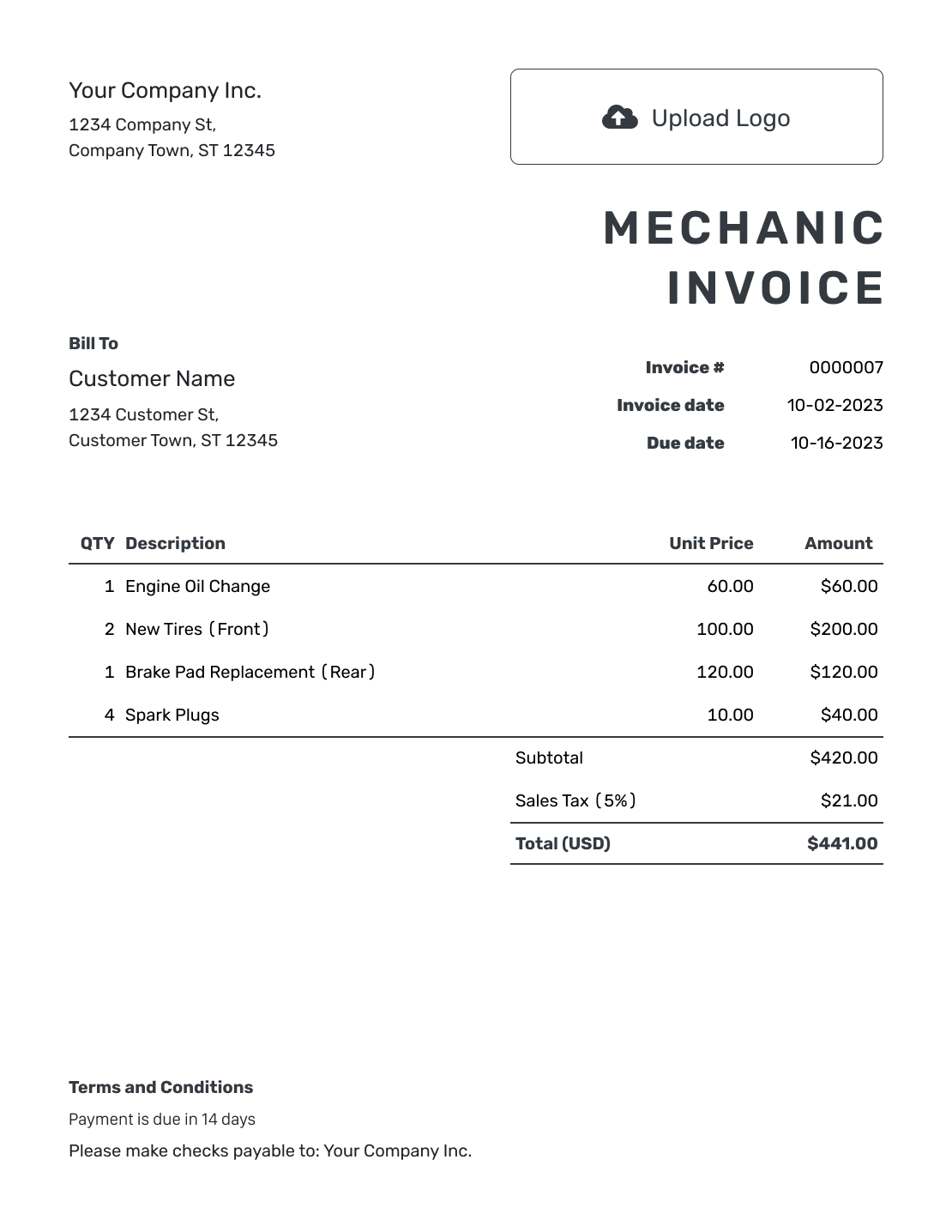Printable Mechanic Invoice Template