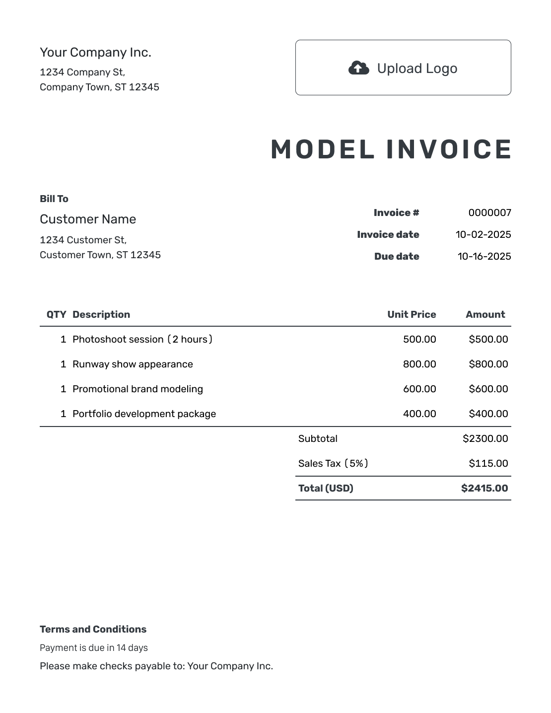 Printable Model Invoice Template