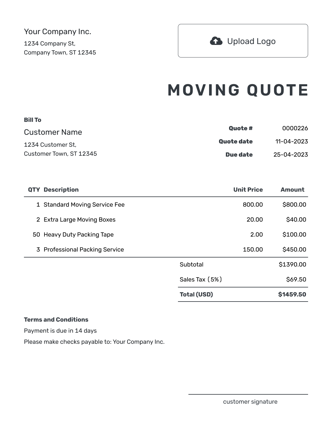 Printable Moving Company Quote Template