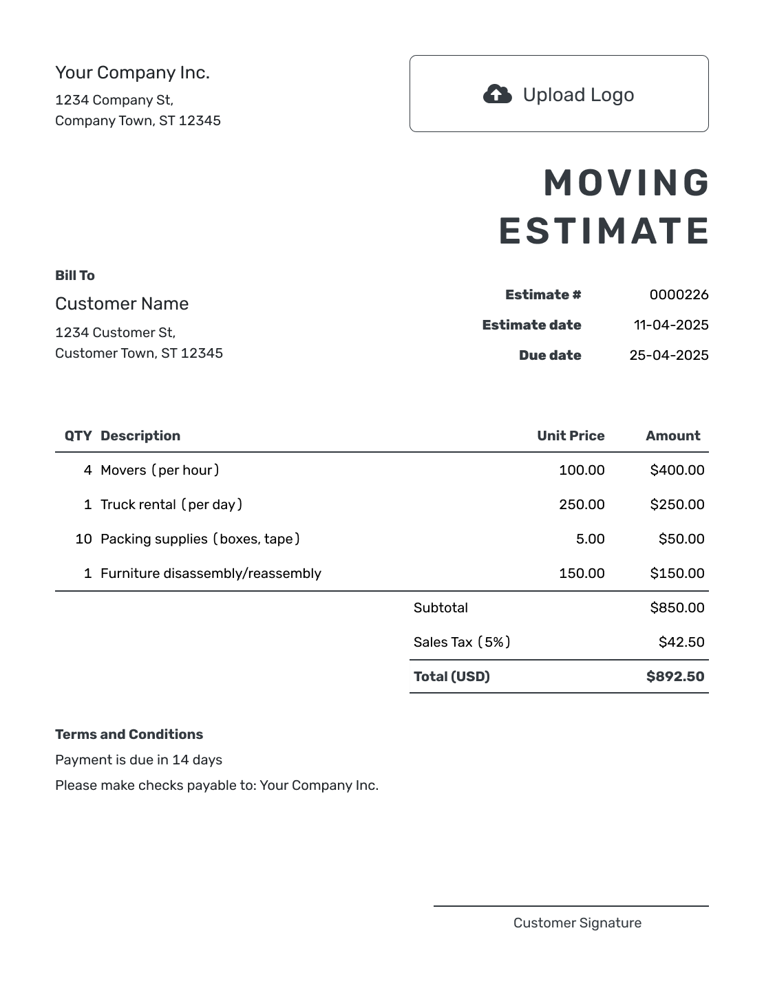 Printable Moving Estimate Template