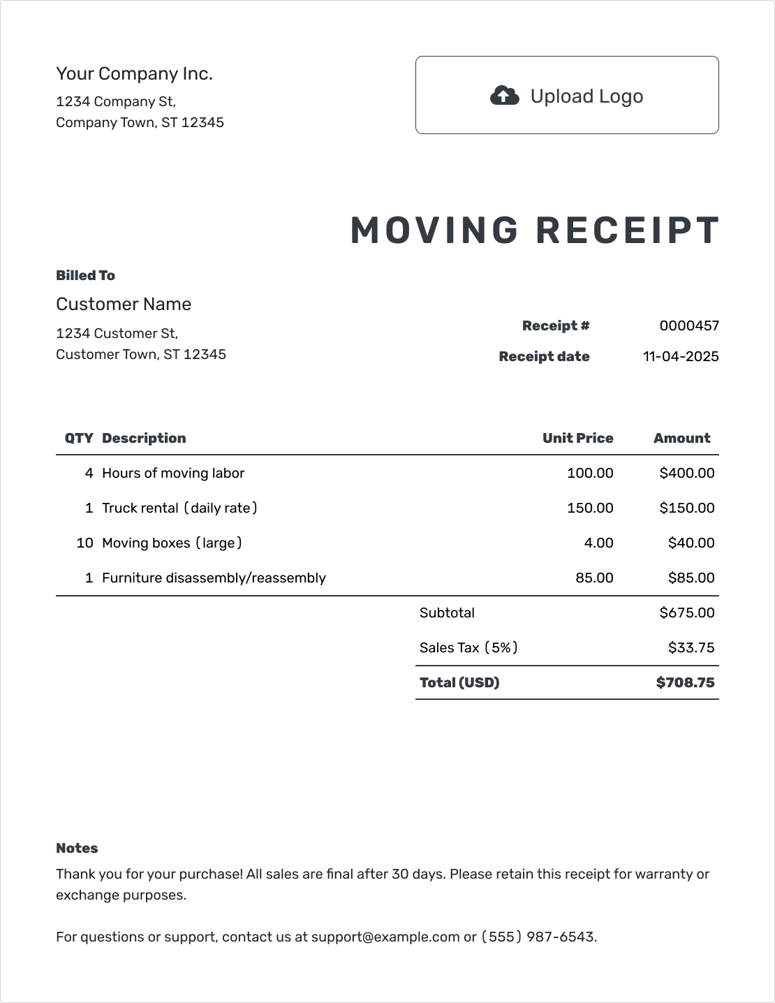 Printable Moving Receipt Template