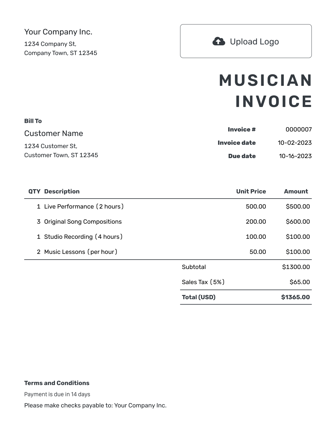 Printable Musician Invoice Template
