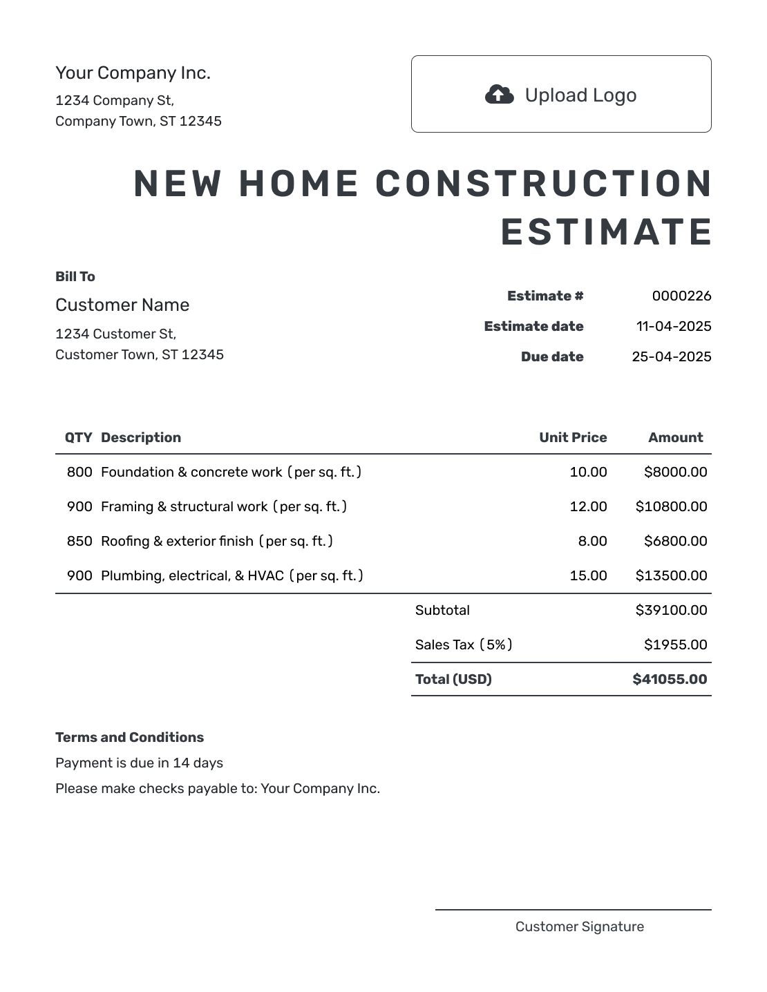 Printable New Home Construction Estimate Template