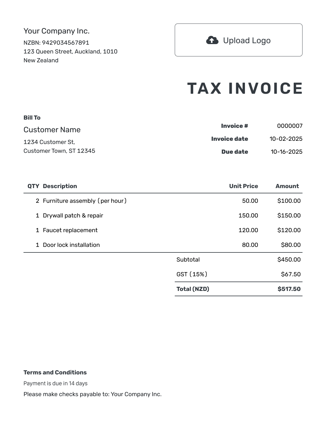 Printable New Zealand Invoice Template