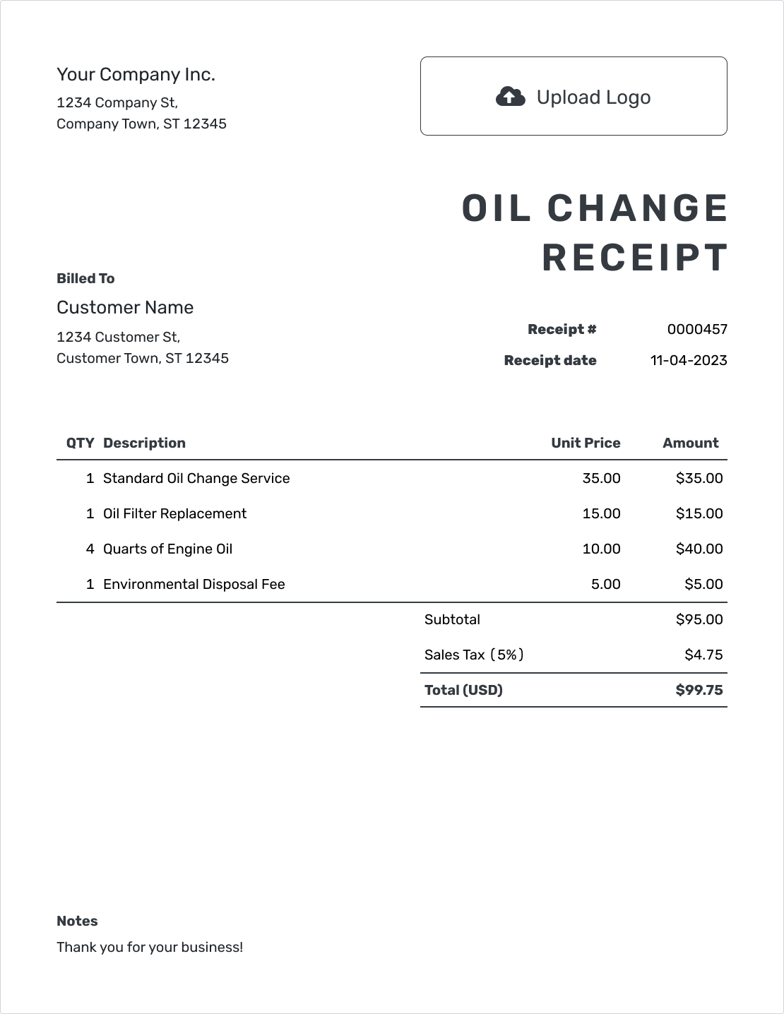 Printable Oil Change Receipt Template