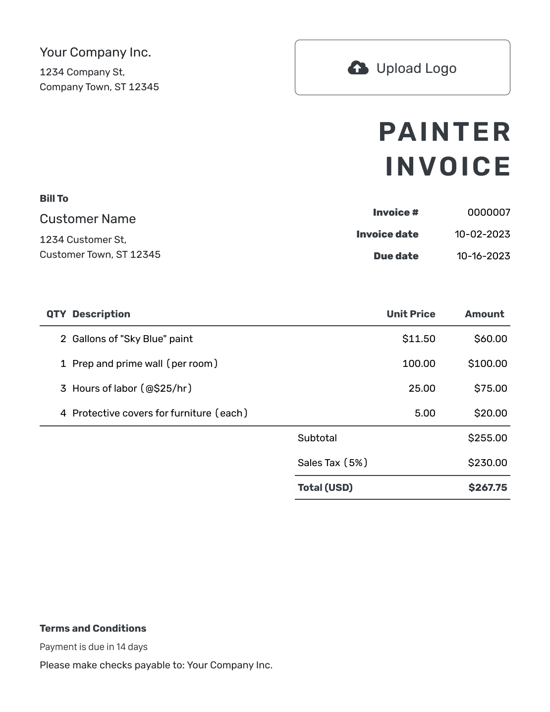 Printable Painter Invoice Template