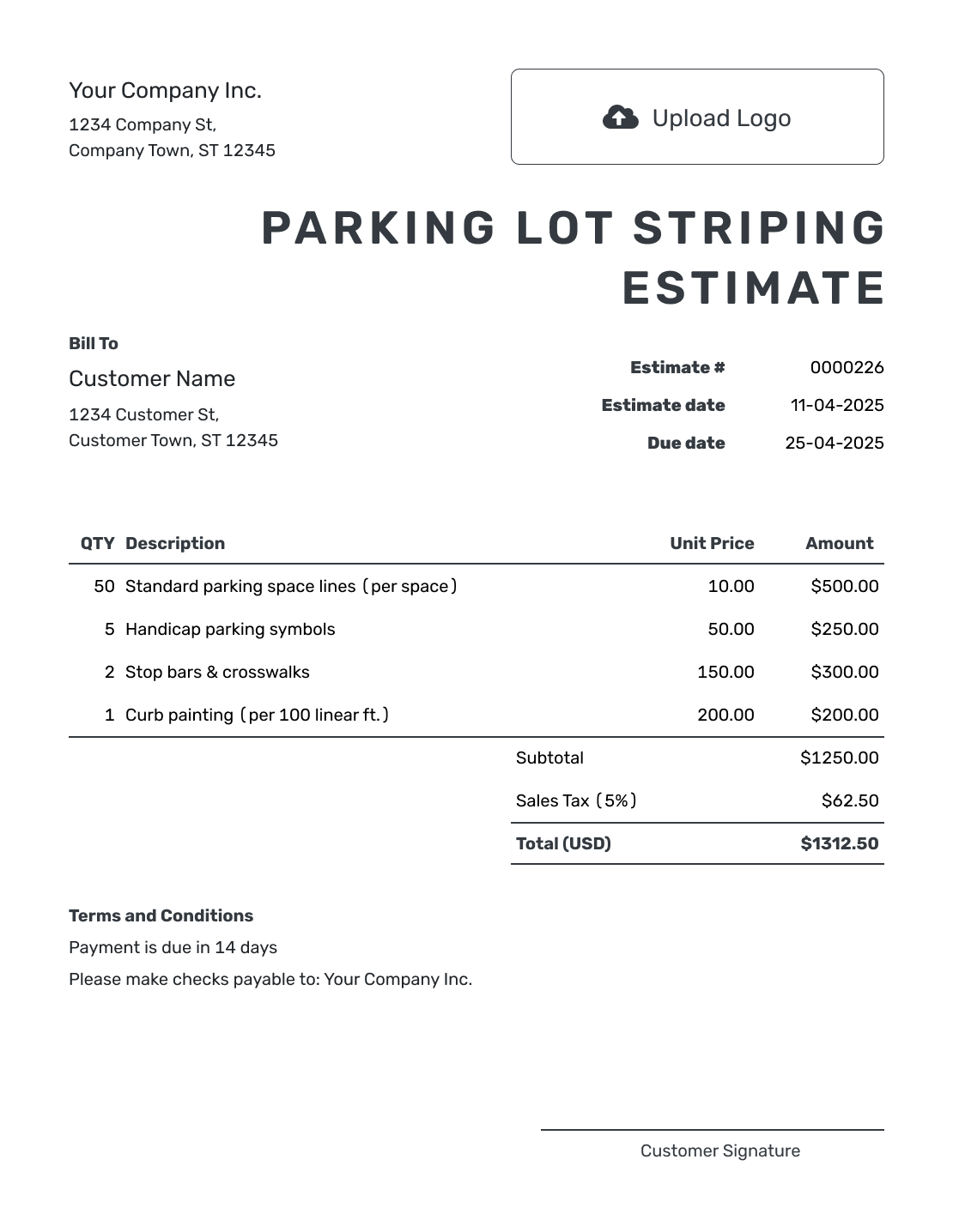 Printable Parking Lot Striping Estimate Template