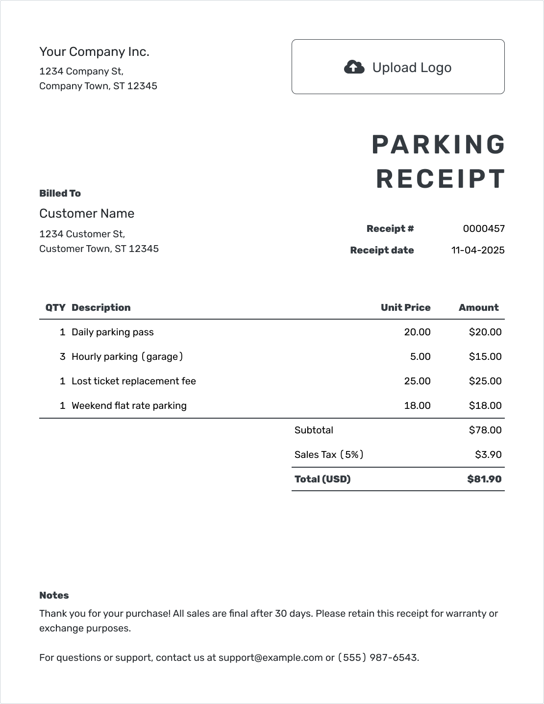 Printable Parking Receipt Template