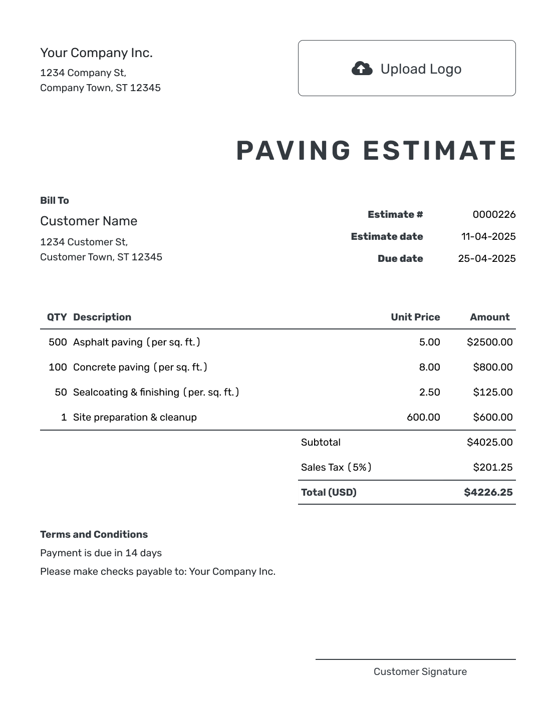 Printable Paving Estimate Template