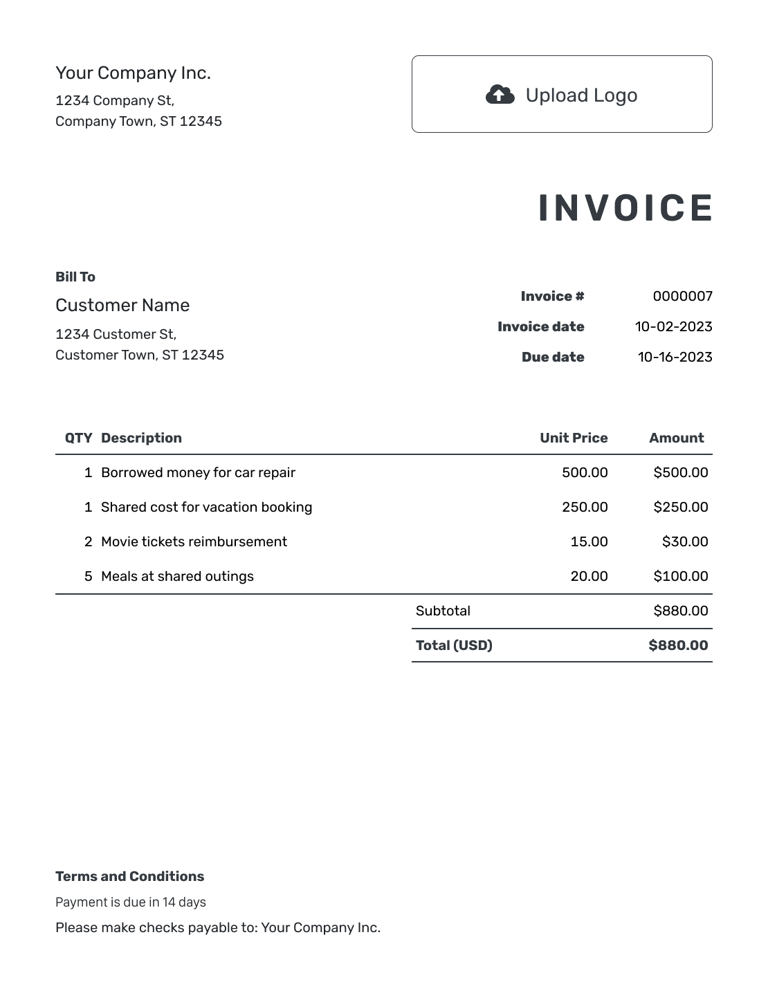 Printable Personal Invoice Template