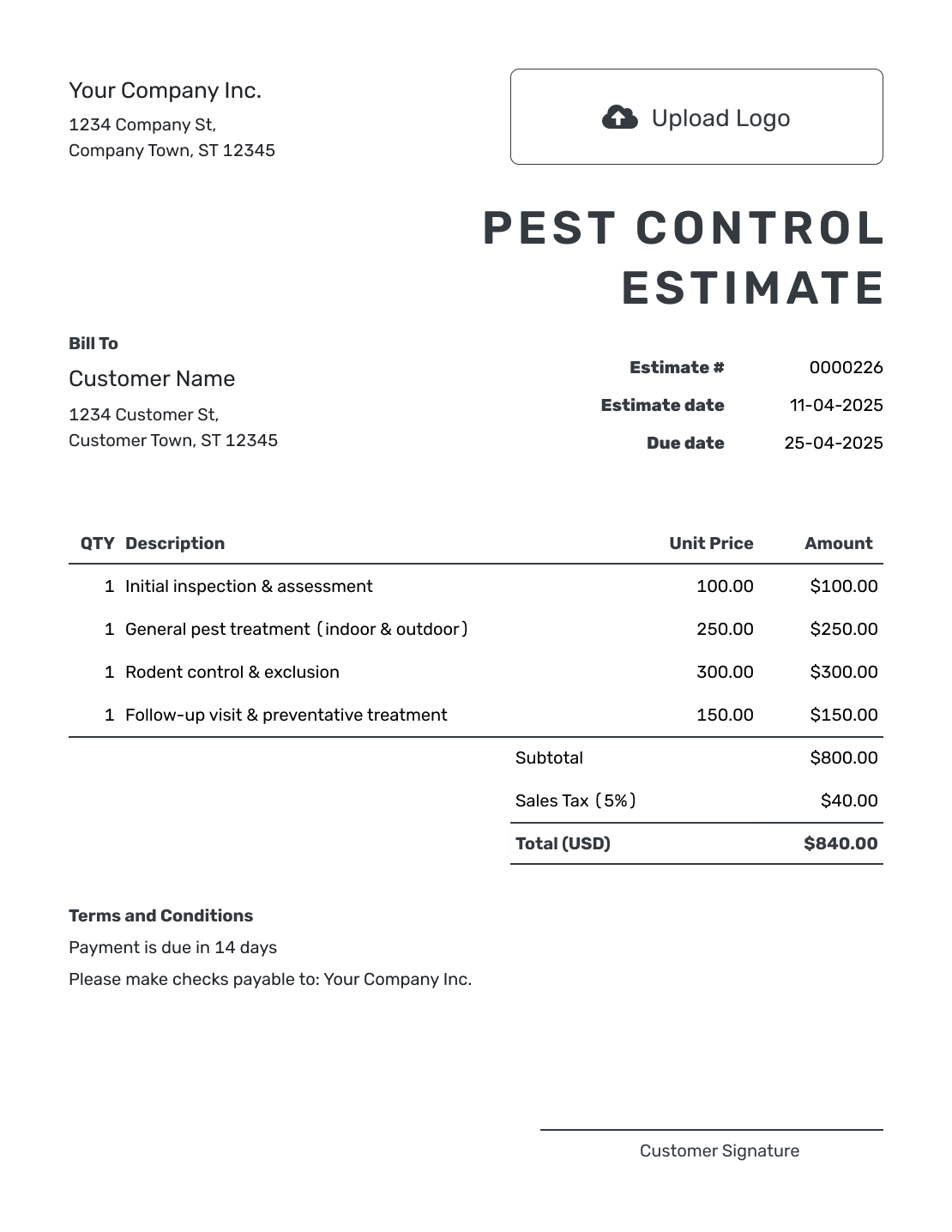 Printable Pest Control Estimate Template