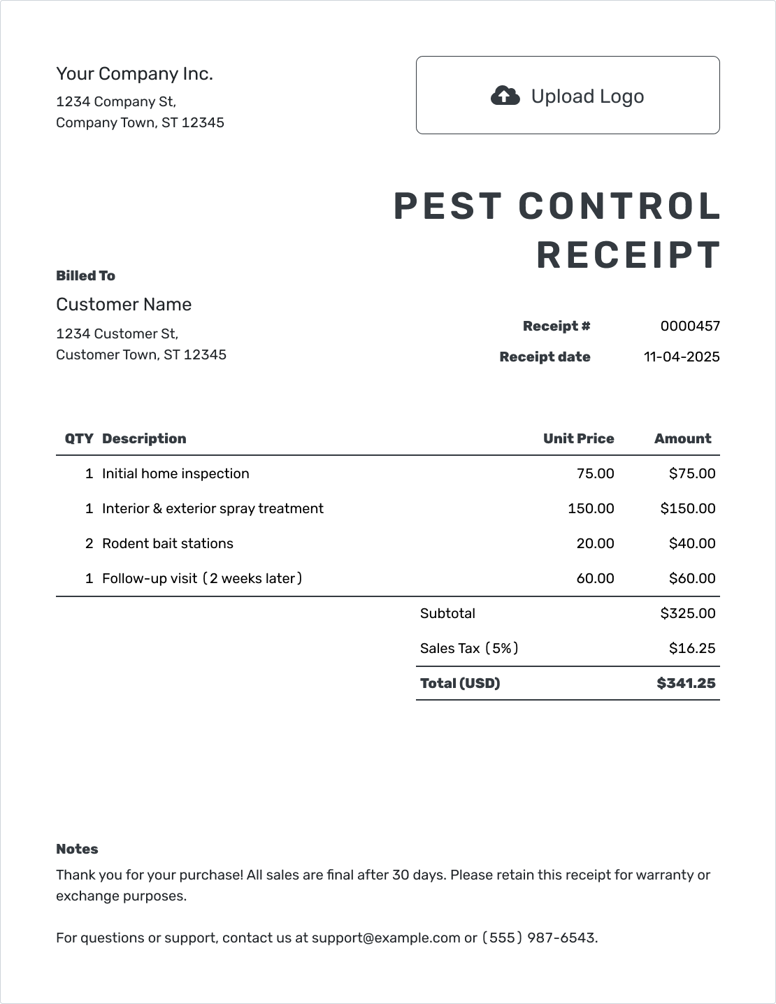 Printable Pest Control Receipt Template