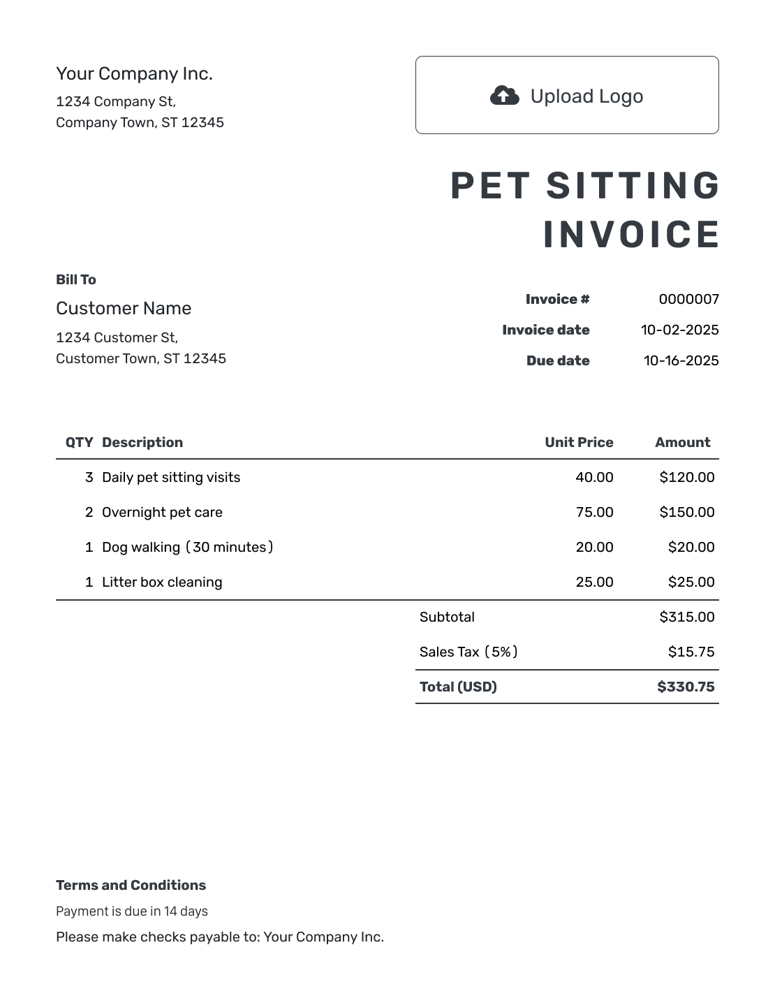 Printable Pet Sitting Invoice Template