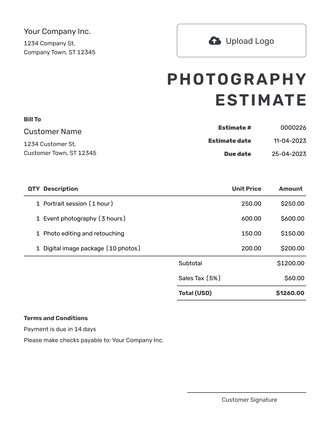 Printable Photography Estimate Template