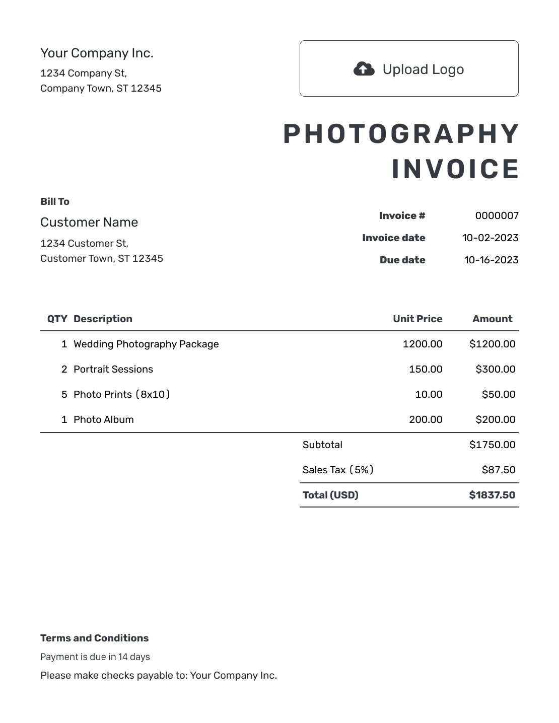 Printable Photography Invoice Template