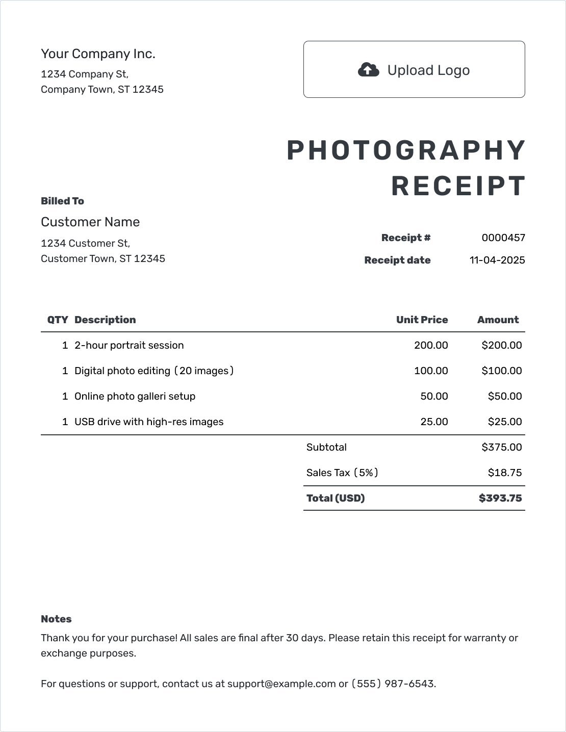 Printable Photography Receipt Template